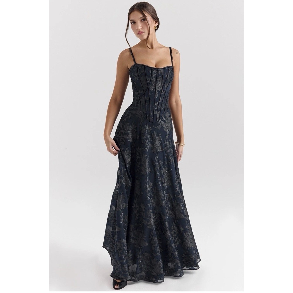 House of CB Maxi Dress Navy Blue Floral Esme Fil Coupe Corset Gown size L + READ